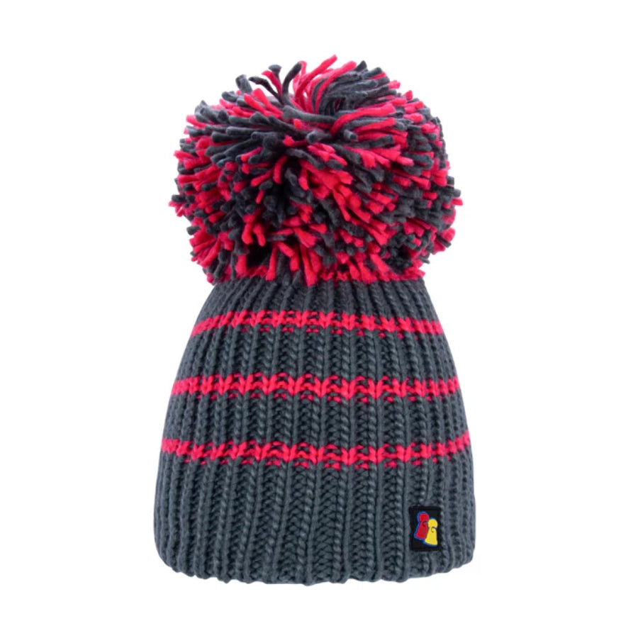 Knitted beanie with red and black pom-pom on a white background