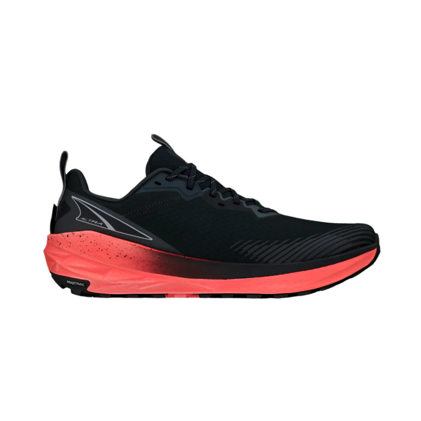 Black running shoe with red sole on a white background. Altra Experience Wild 2