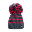 Knitted beanie with red and black pom-pom on a white background