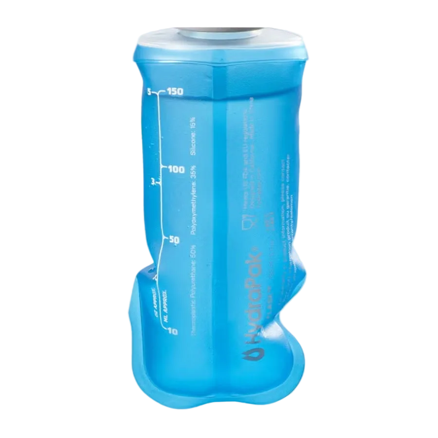 Blue flexible water container with measurement markings on a white background