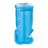 Blue flexible water container with measurement markings on a white background