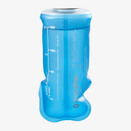 Blue flexible water container with measurement markings on a white background