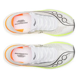 White sports shoes with orange and black accents on a white background