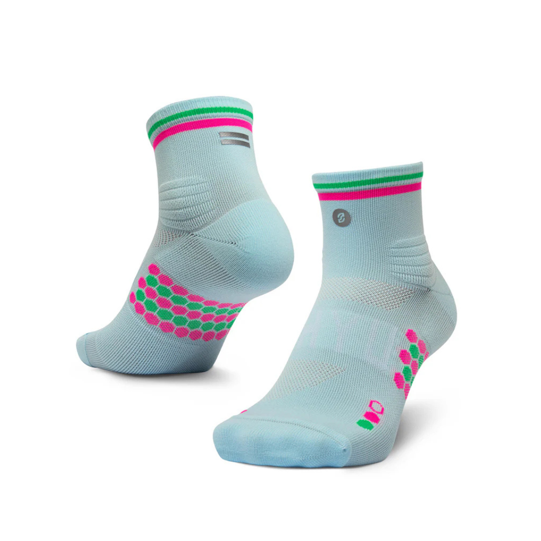 SHYU Racing Socks - Quarter Crew - Foam/Pink/Green